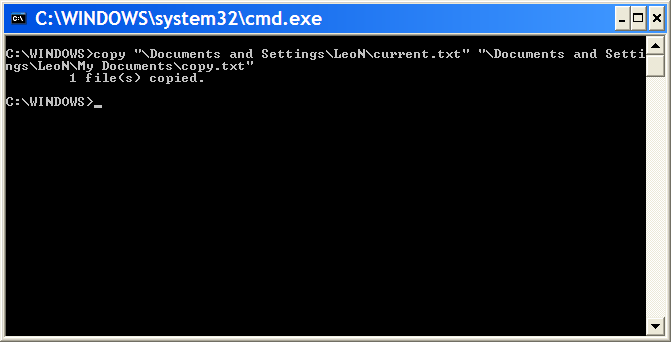 Command Prompt having executed a copy using full paths