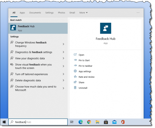 Feedback Hub in the Windows Start menu search