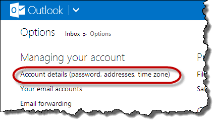 Outlook.com Account details link