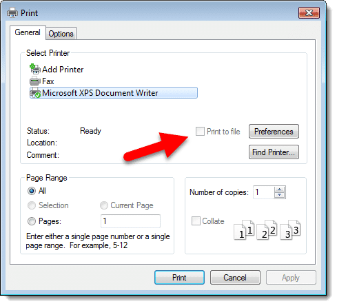 Print to file option in a print dialog