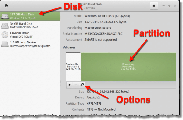 Disk, Partition, Options