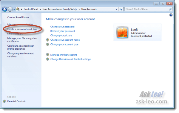 Windows 7 Create Password Disk link