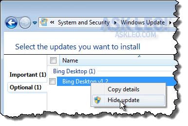 Hiding a Windows Update Item