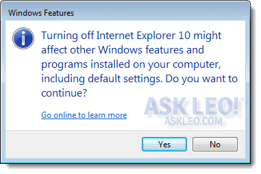 Internet Explorer uninstall warning