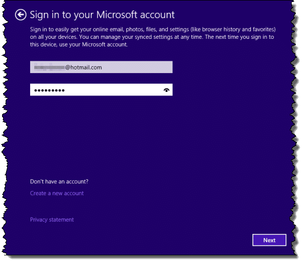 Windows 8 Upgrade Provide MS Account