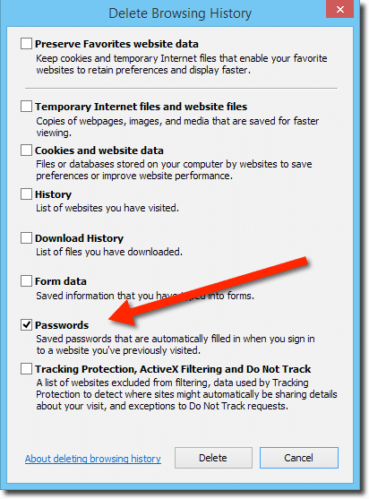 IE Delete Browsing History dialog