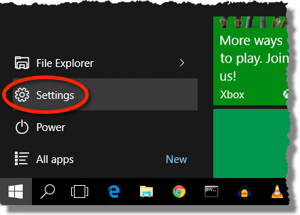 Windows 10 Start Menu Settings Item