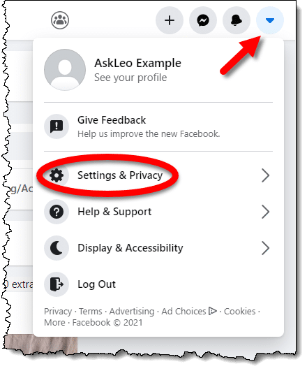 Facebook Settings & Privacy link
