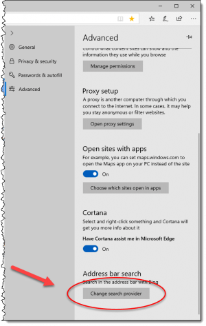 Change search provider button in Edge Legacy