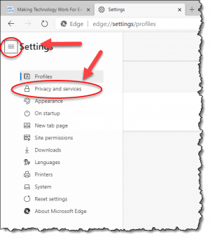 Edge Privacy and services settings link