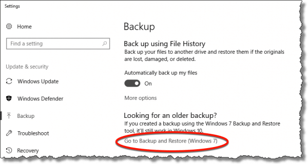 Windows 10 Settings - Backup