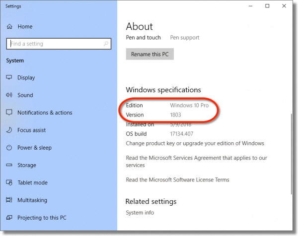 Windows 10 Edition in the About page