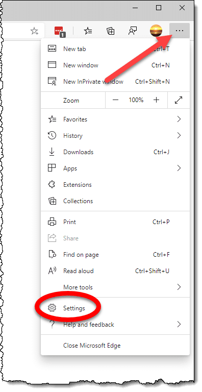 Edge menu, highlighting the Settings option