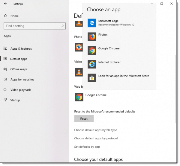 Choosing a new default web browser in Windows 10