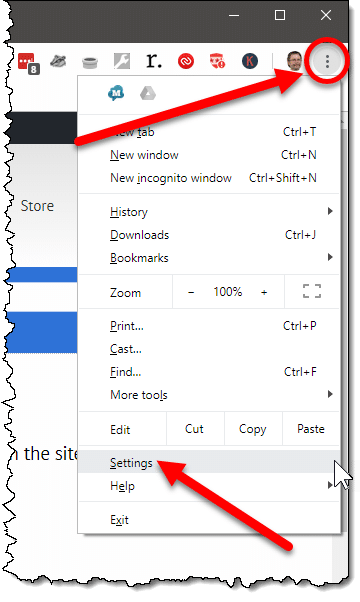 The menu, showing the Settings item, in Google Chrome