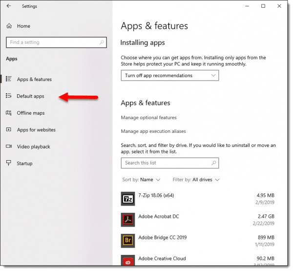 The link to change default apps in Windows 10