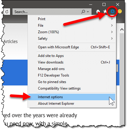 Internet Explorer options menu item