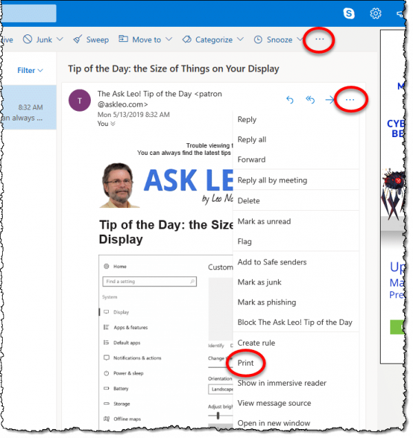 Print option in outlook.com