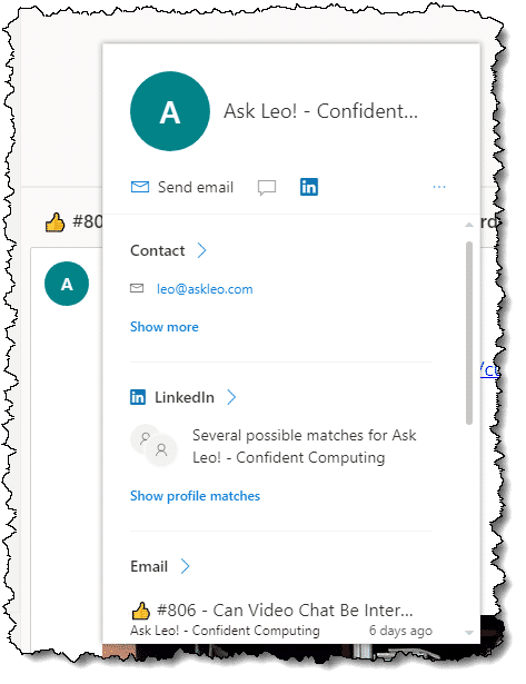 Hovering over the From: address in an Outlook.com message a little longer