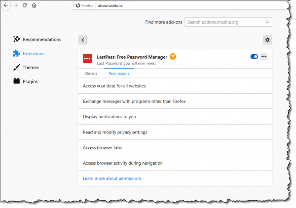 Lastpass extension permissions in Firefox