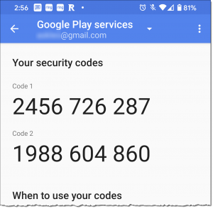 Google mobile device security codes.