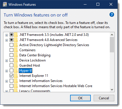 Windows 10 Hyper-V turned off.