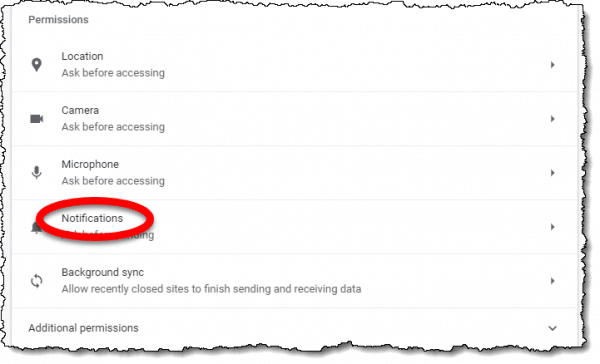 Notifications settings link in Google Chrome settings.