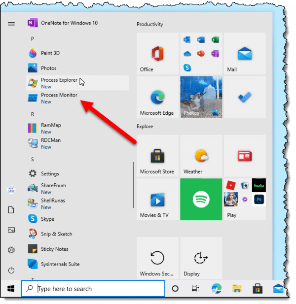 SysInternals apps in the Windows 10 Start menu.