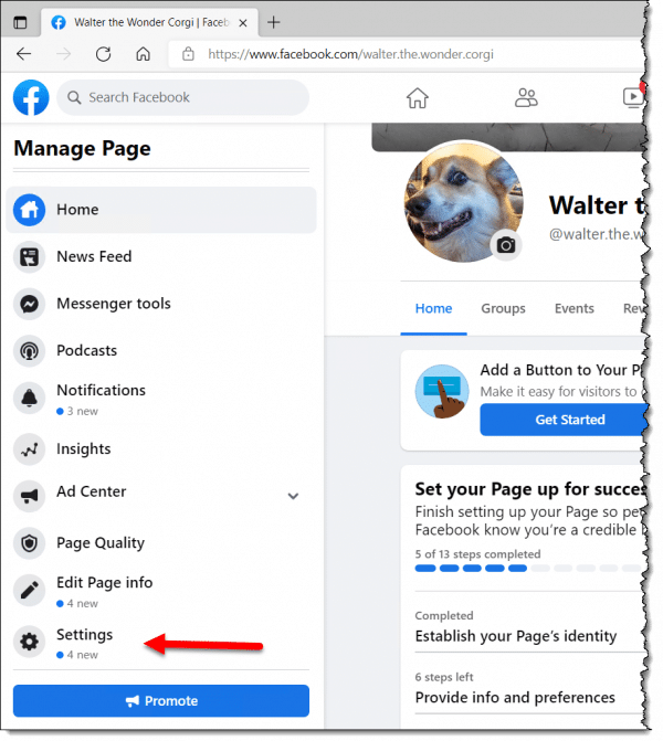 Page Settings Link.