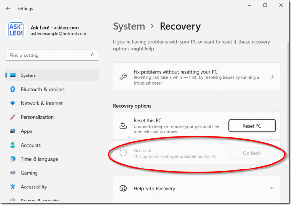 System Recovery - Go Back (greyed)