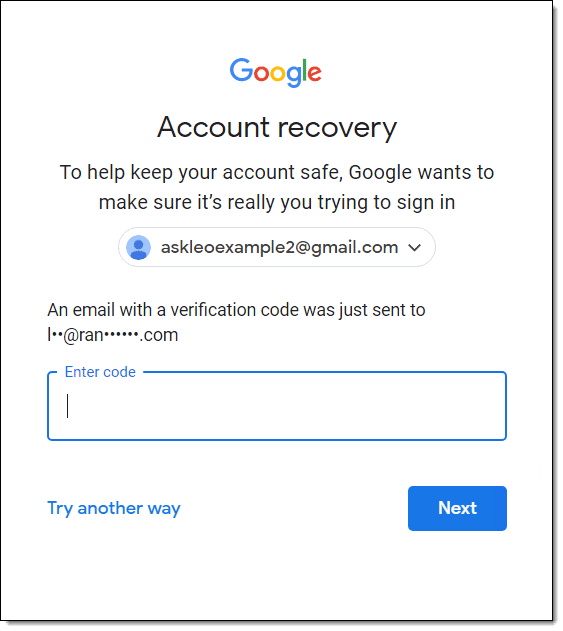 Google Account recovery: alternate email.