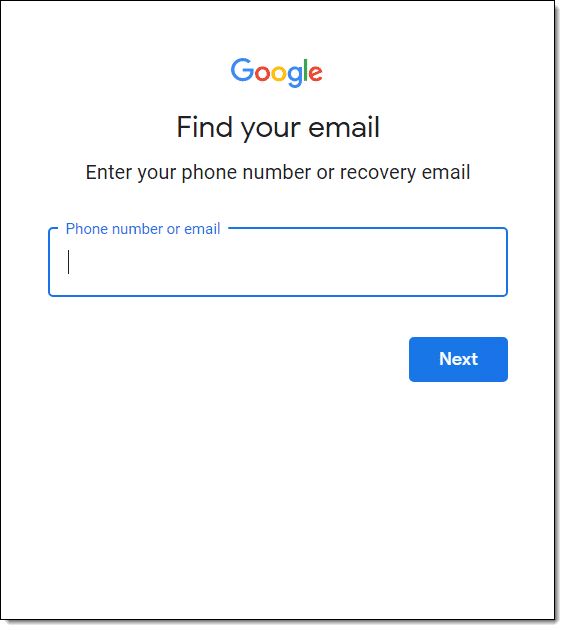 Google Account recovery, the forgot email path.