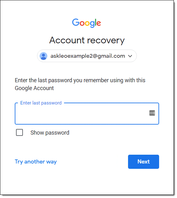 Google Account recovery: enter an old password.